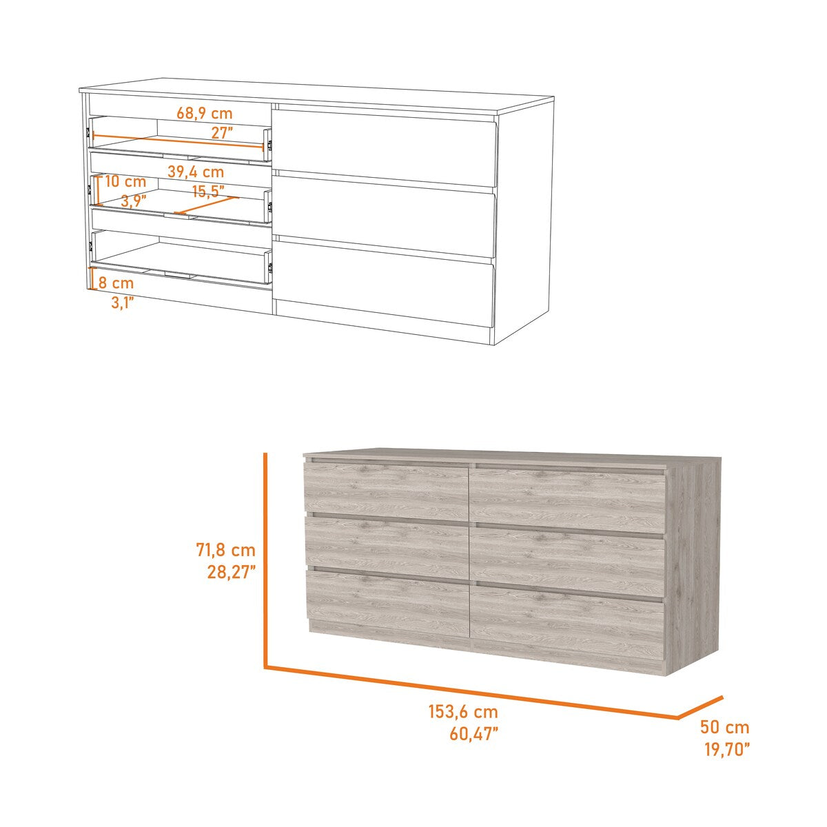 Waterville 6-Drawer Rectangle Dresser Light Gray