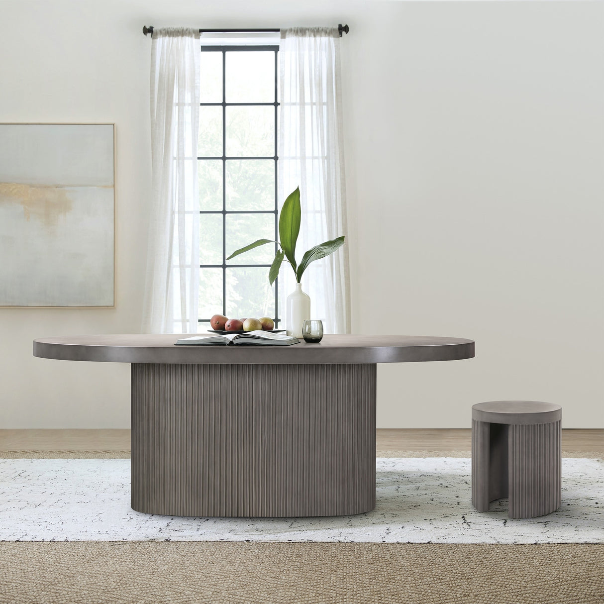 Wave 75" Concrete Oval Dining Table with Fluted Pedestal Base
