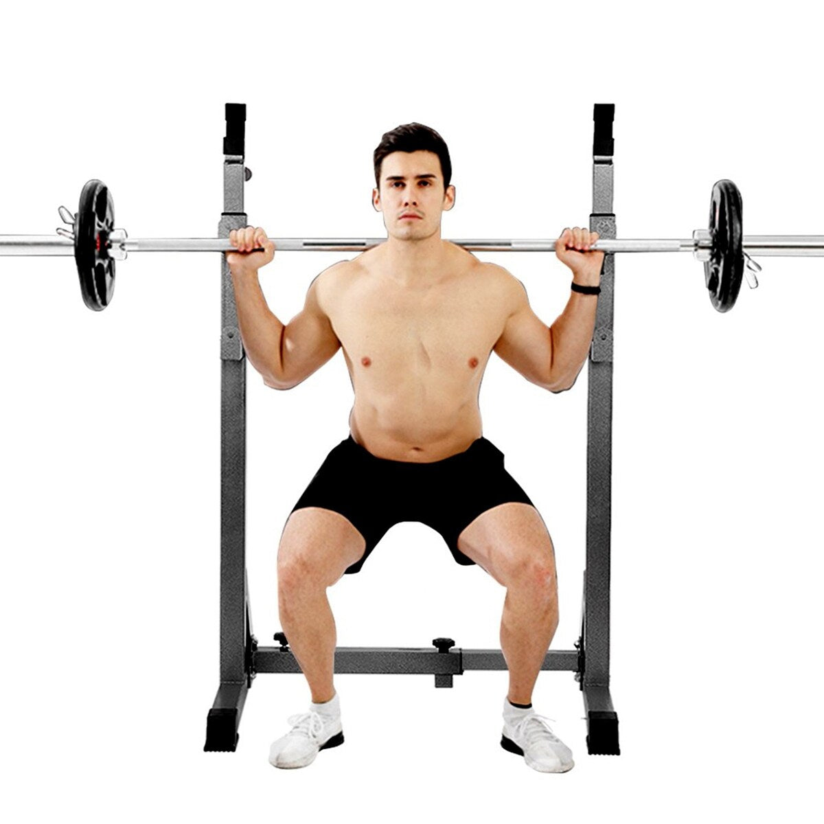 Weight Lifting Bench Barbell Rack Squat Rack Height Width Adjustable Excercise Indoor Fitness Home Gym Black