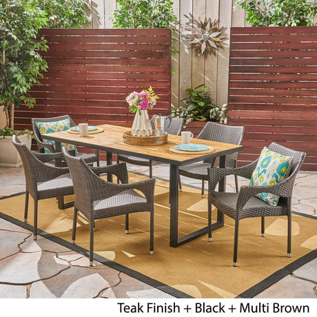 Welch Outdoor 6-Seater Rectangular Acacia Wood and Wicker Dining Set by Christopher Knight Home