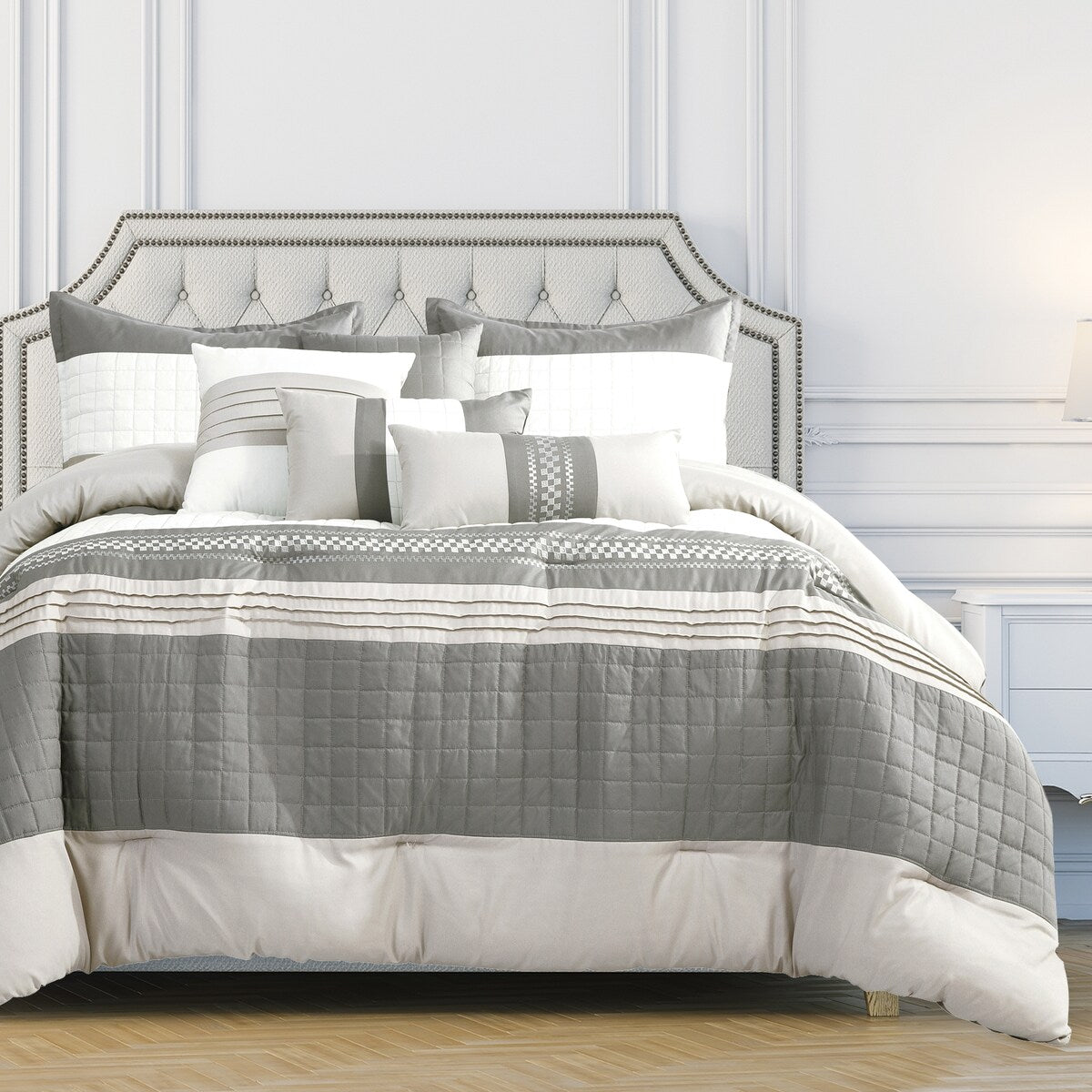 Wellco Bedding Comforter Set Bed In A Bag - 7 Piece Luxury Bedding Sets - Oversized Bedroom Comforters, White and Grey