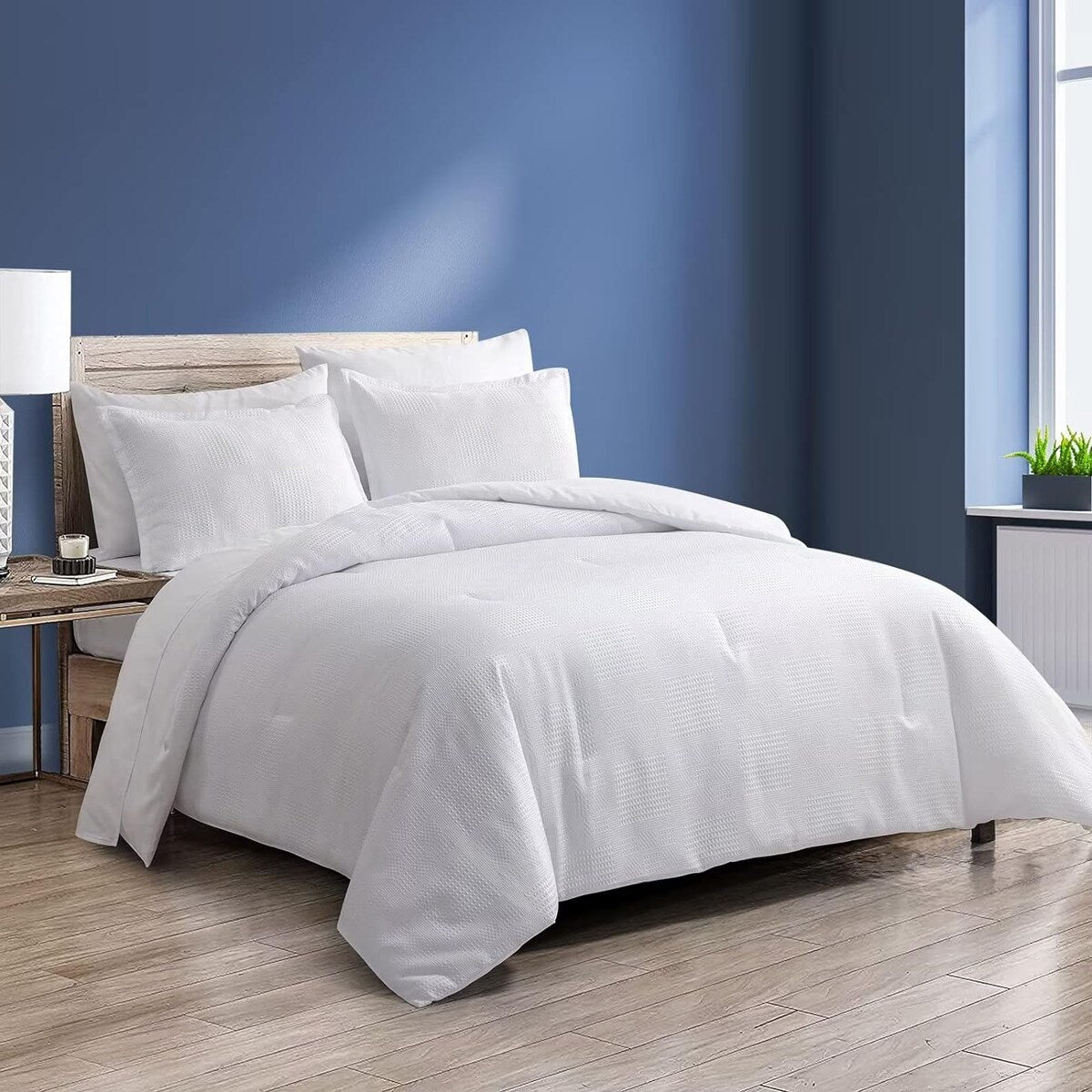 Wellco Twin Comforter Set - 2 Pieces All Season Bed Set Soft Polyester Bedding Comforters-Grid Waffle, White