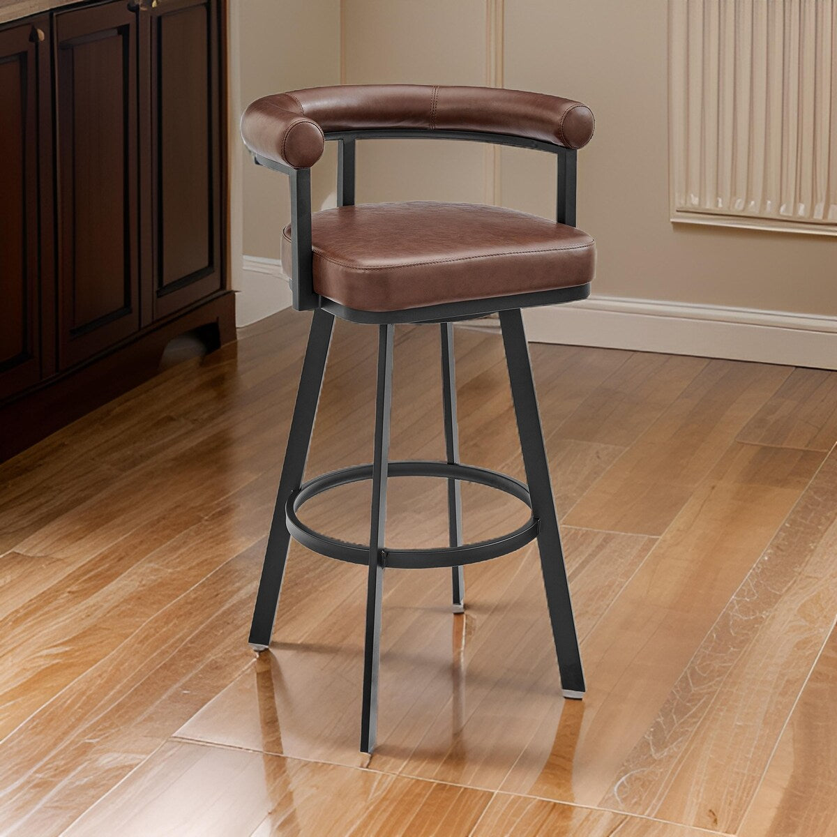 Weni 26 Inch Swivel Counter Stool Chair, Barrel Open Back, Black, Brown