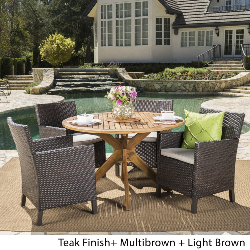 Wes Outdoor 5-piece Round Wicker Wood Dining Set with Cushions by Christopher Knight Home