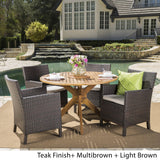 Wes Outdoor 5-piece Round Wicker Wood Dining Set with Cushions by Christopher Knight Home
