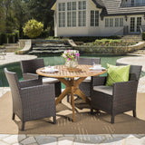 Wes Outdoor 5-piece Round Wicker Wood Dining Set with Cushions by Christopher Knight Home