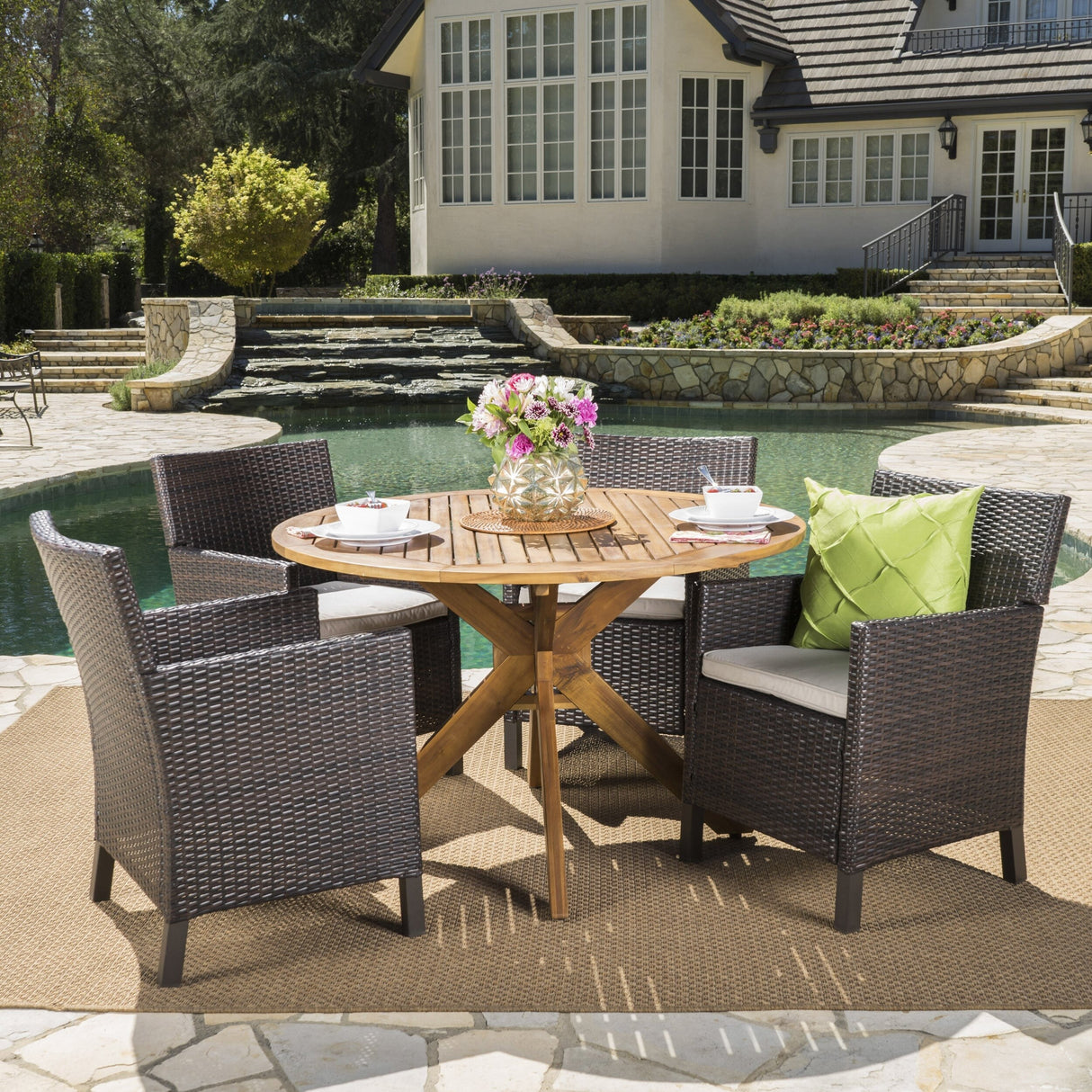Wes Outdoor 5-piece Round Wicker Wood Dining Set with Cushions by Christopher Knight Home