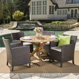 Wes Outdoor 5-piece Round Wicker Wood Dining Set with Cushions by Christopher Knight Home