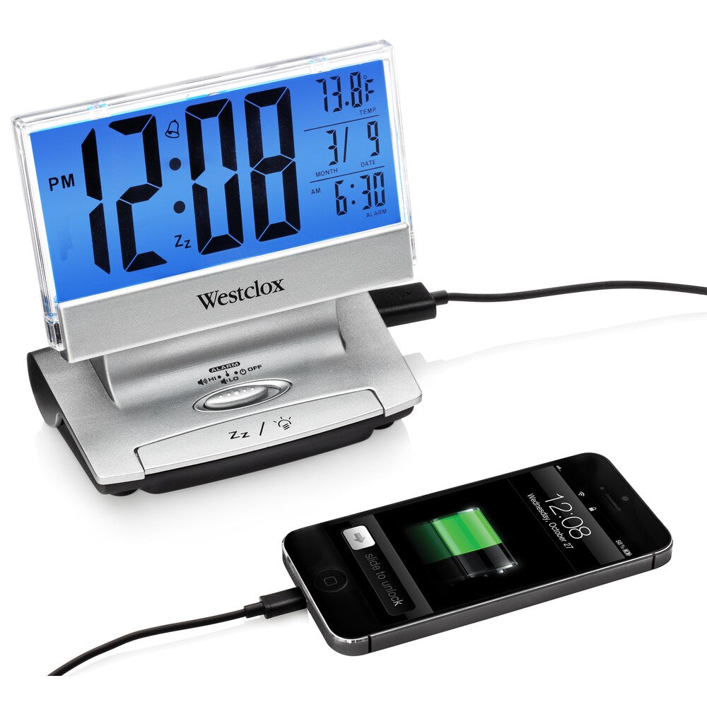 Westclox Silver Plastic LCD Thin Display USB Charging Alarm Clock