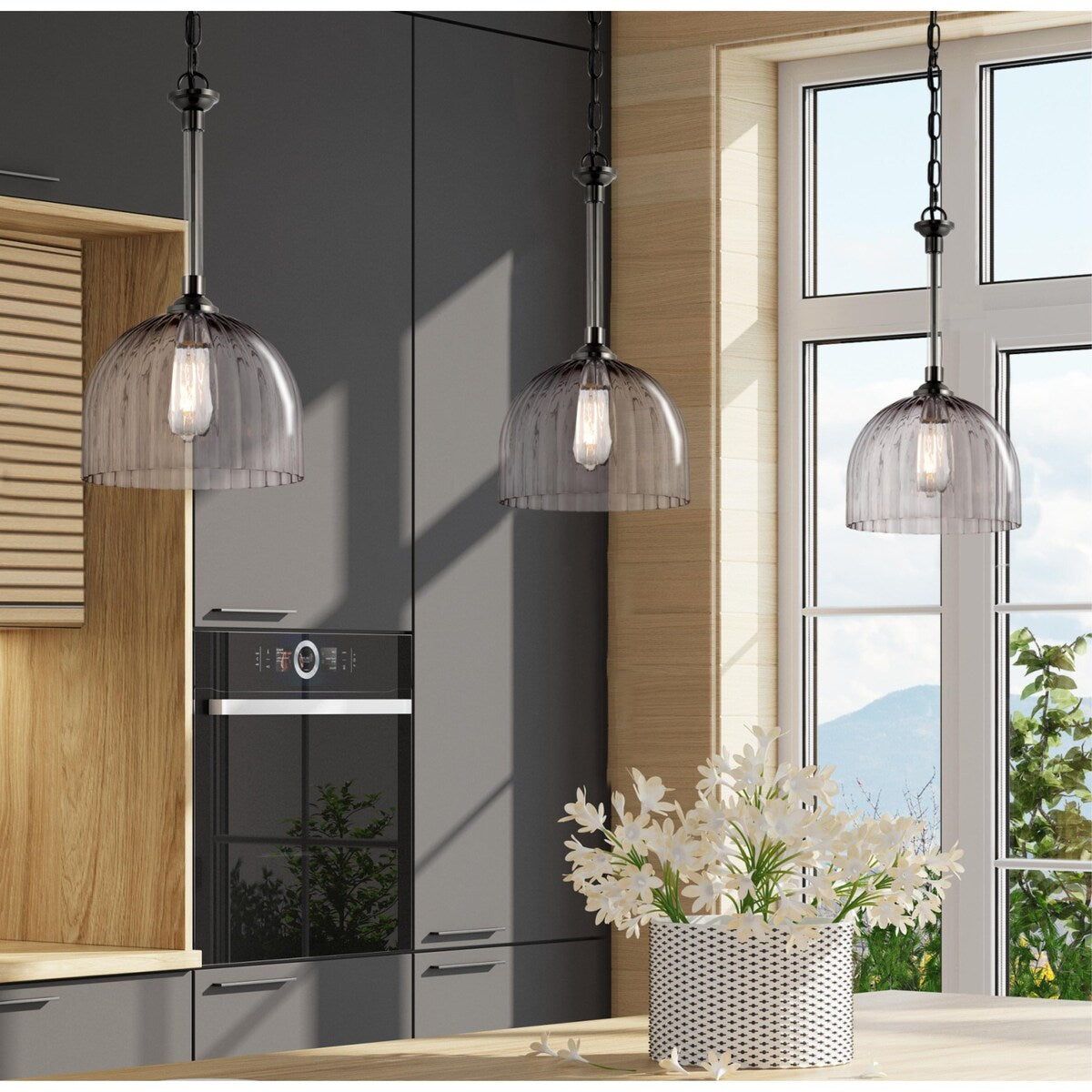 Westinghouse Lighting Camrose One Light Indoor Pendant, Gun Metal Finish, Smoke Grey Ribbed Glass - 1-Light