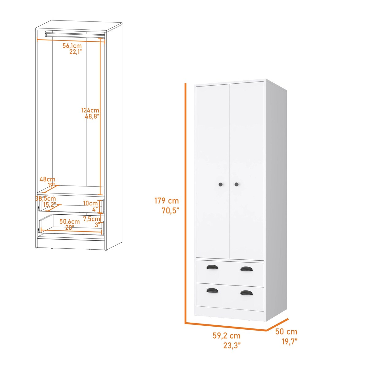 Westminster 2-Door 2-Drawer Armoire with Hanging Rod White