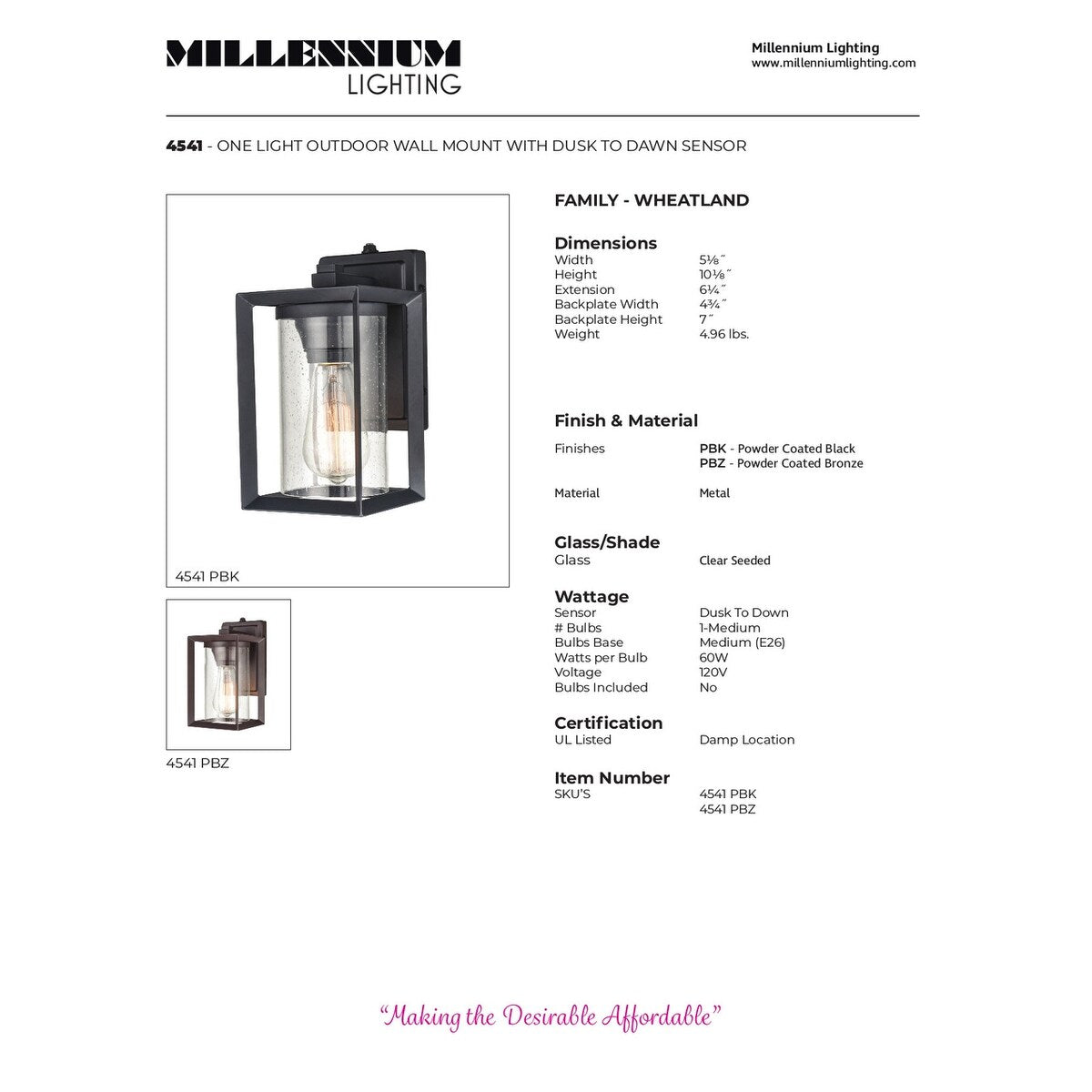Millennium Lighting Wheatland Outdoor 1 Light Wall Sconce in Powder Coat Black