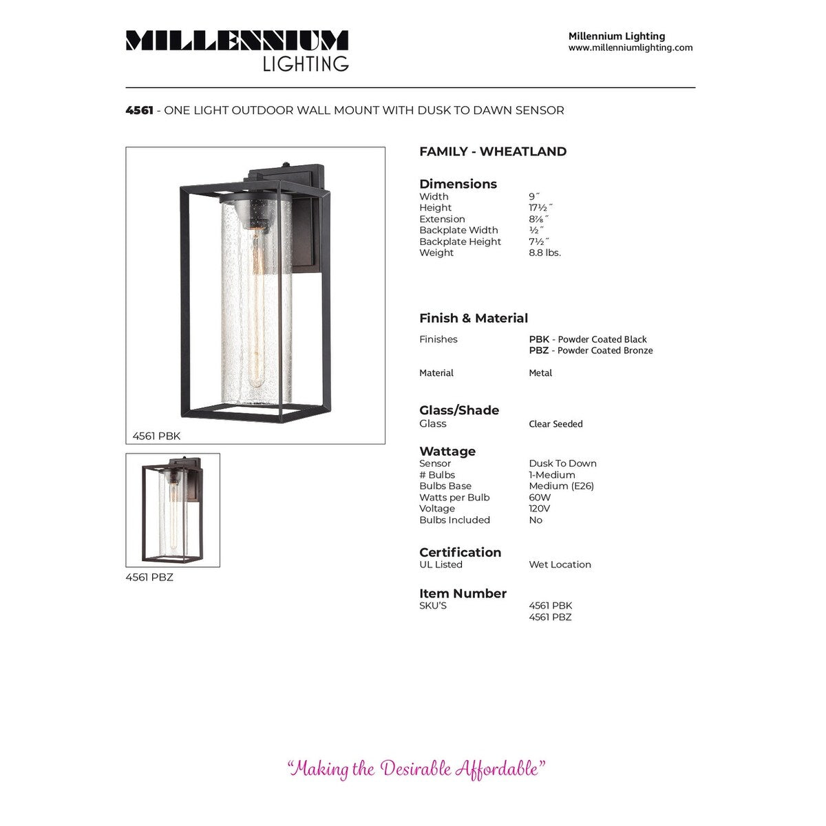 Millennium Lighting Wheatland Outdoor 1 Light Wall Sconce in Powder Coat Black