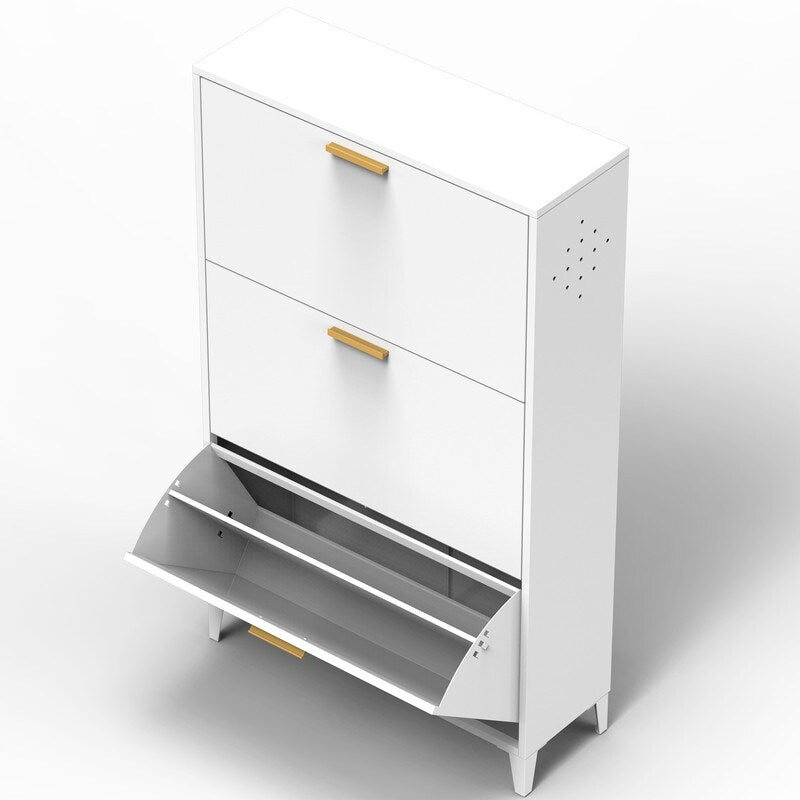 White 3 Drawer Shoe Cabinet, Freestanding Shoe Rack Storage Organizer with Flip Door