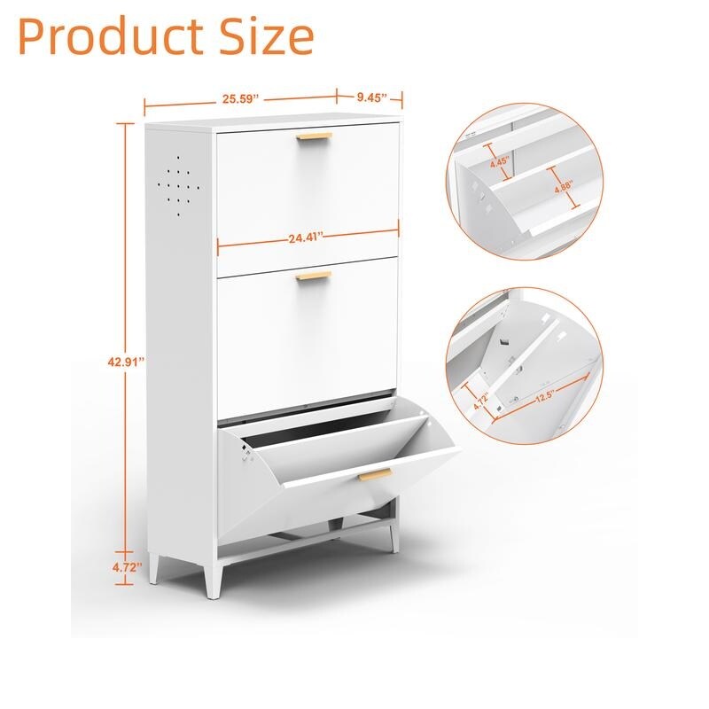 White 3 Drawer Shoe Cabinet, Freestanding Shoe Rack Storage Organizer with Flip Door