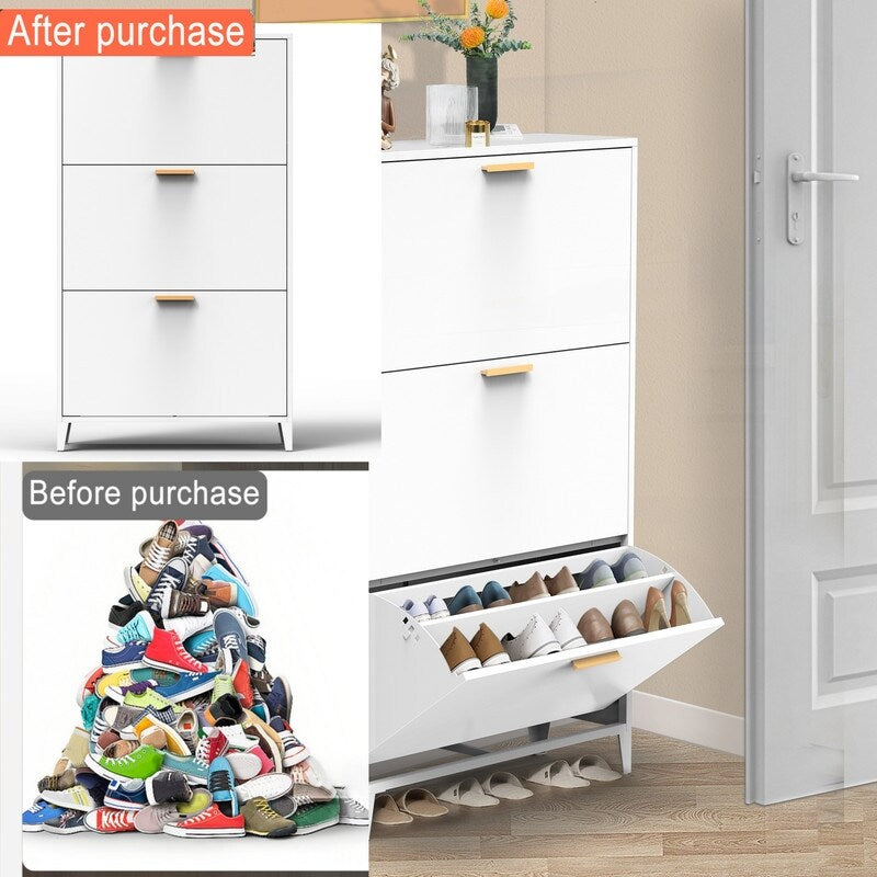 White 3 Drawer Shoe Cabinet, Freestanding Shoe Rack Storage Organizer with Flip Door