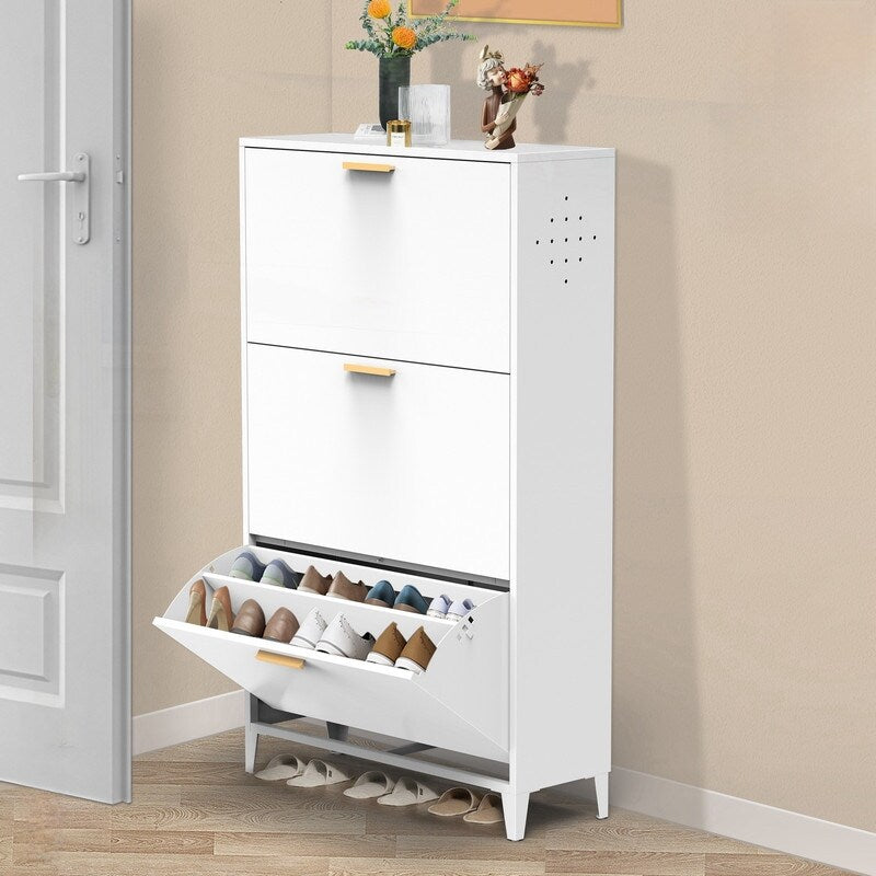 White 3 Drawer Shoe Cabinet, Freestanding Shoe Rack Storage Organizer with Flip Door