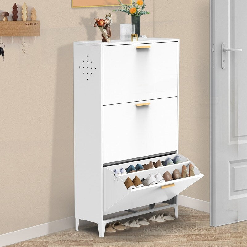 White 3 Drawer Shoe Cabinet, Freestanding Shoe Rack Storage Organizer with Flip Door
