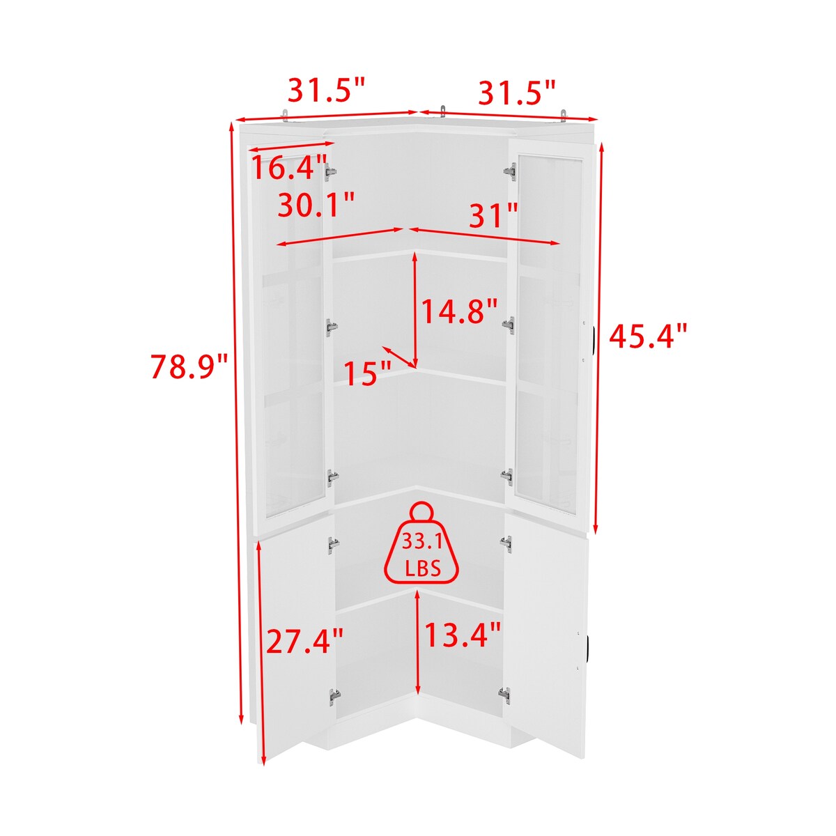 White 4-Door Wooden Storage Cabinet with 5 Shelves for Kitchen or Office