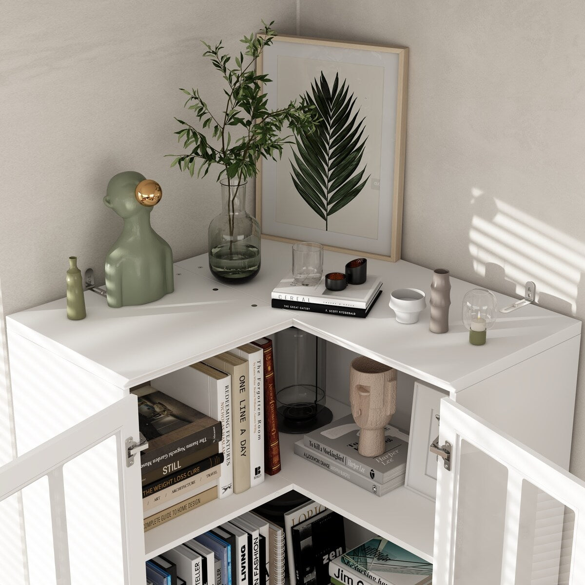 White 4-Door Wooden Storage Cabinet with 5 Shelves for Kitchen or Office