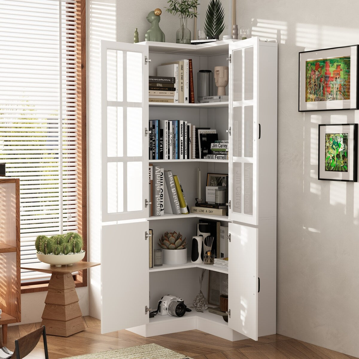 White 4-Door Wooden Storage Cabinet with 5 Shelves for Kitchen or Office