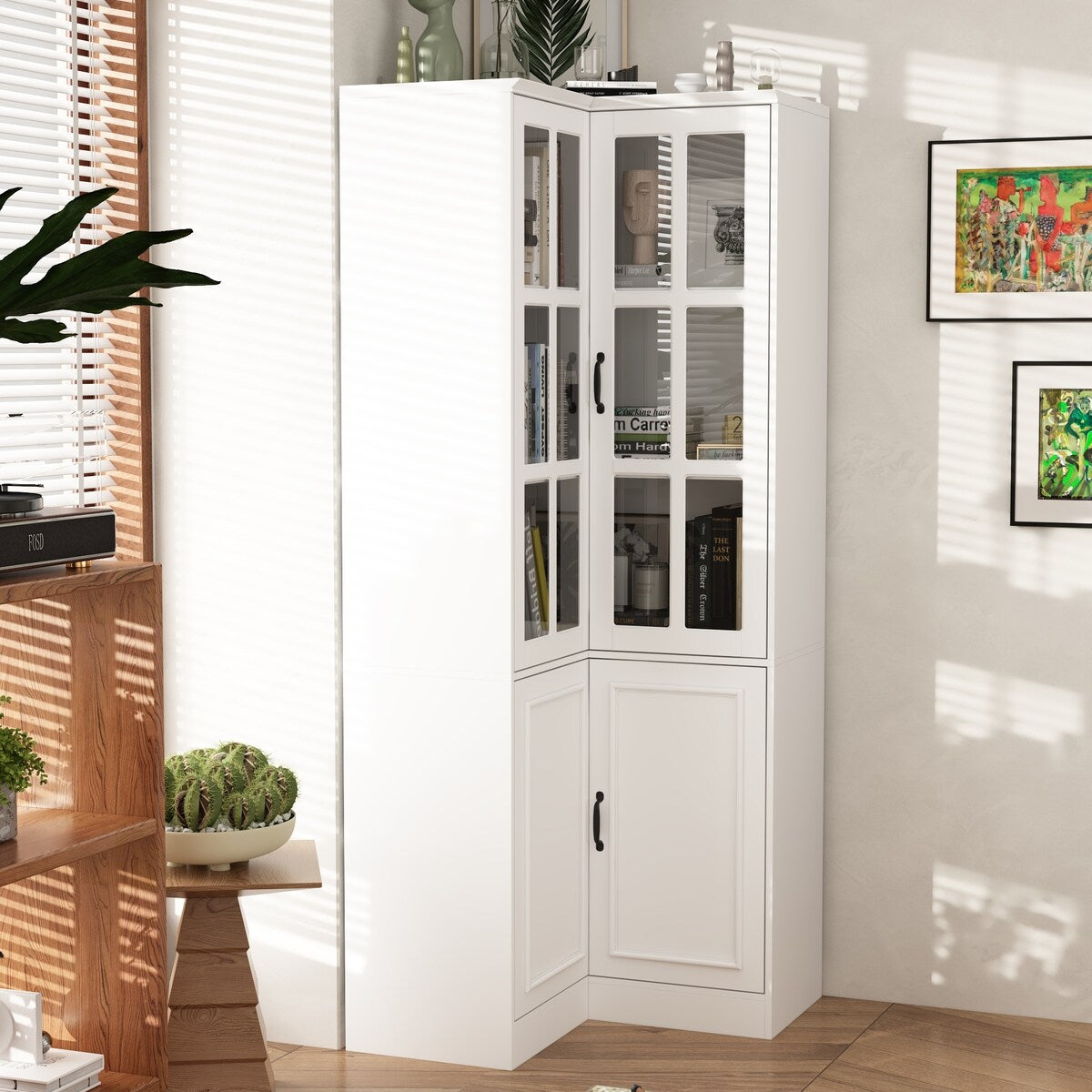 White 4-Door Wooden Storage Cabinet with 5 Shelves for Kitchen or Office