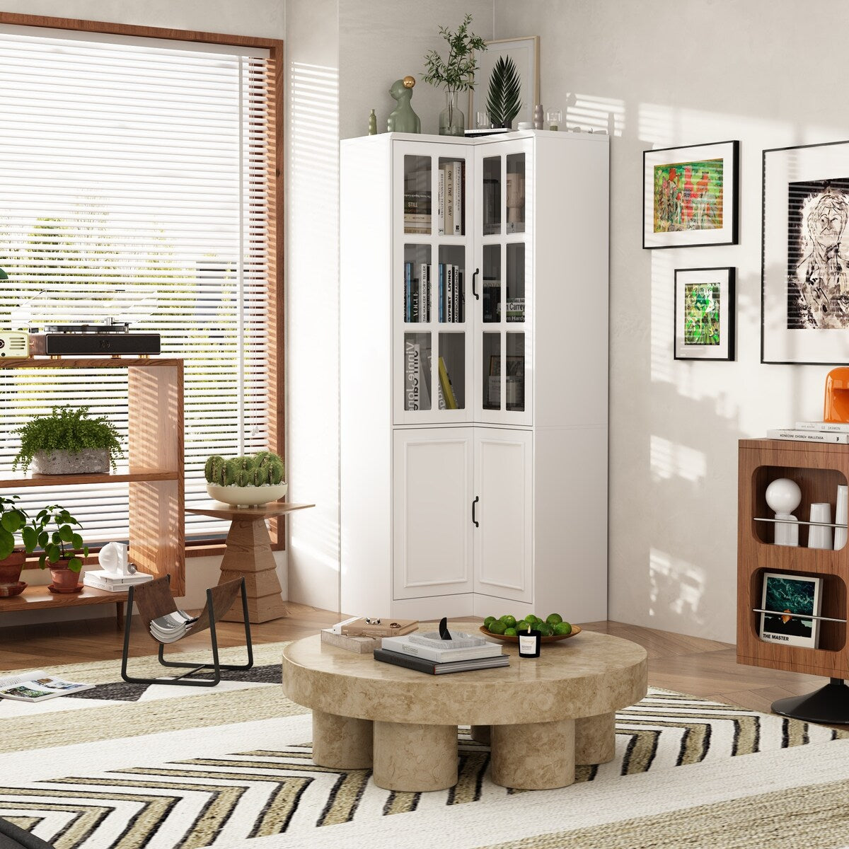White 4-Door Wooden Storage Cabinet with 5 Shelves for Kitchen or Office