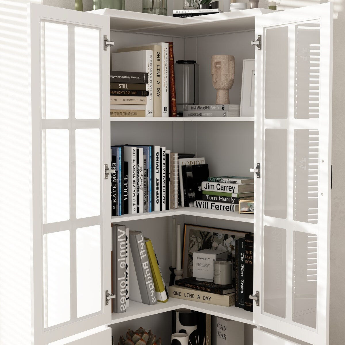 White 4-Door Wooden Storage Cabinet with 5 Shelves for Kitchen or Office