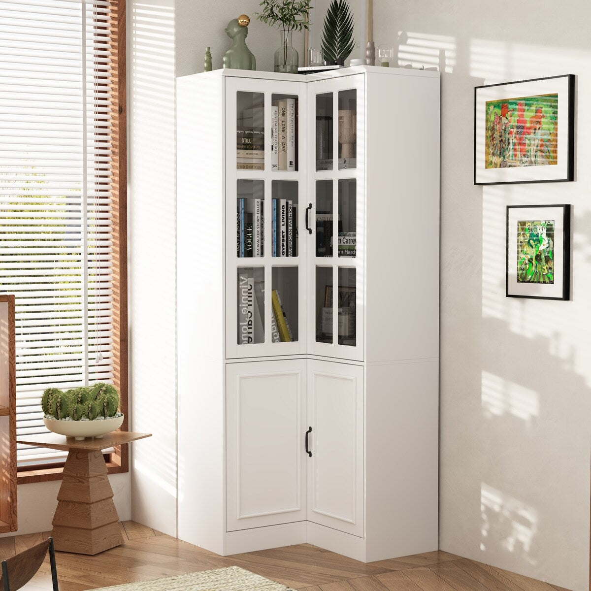 White 4-Door Wooden Storage Cabinet with 5 Shelves for Kitchen or Office