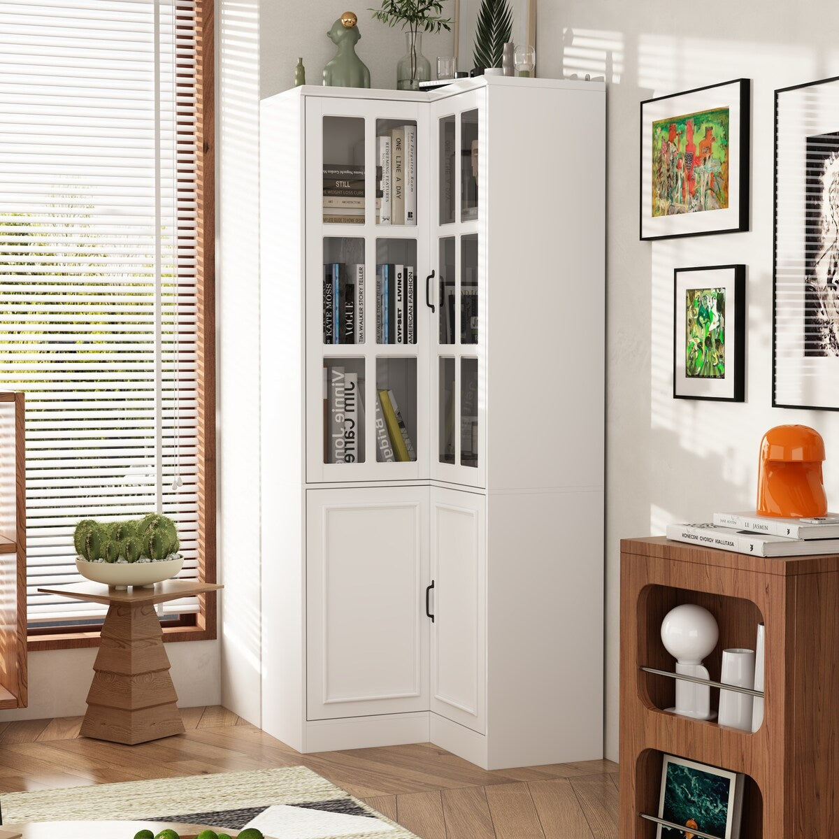 White 4-Door Wooden Storage Cabinet with 5 Shelves for Kitchen or Office