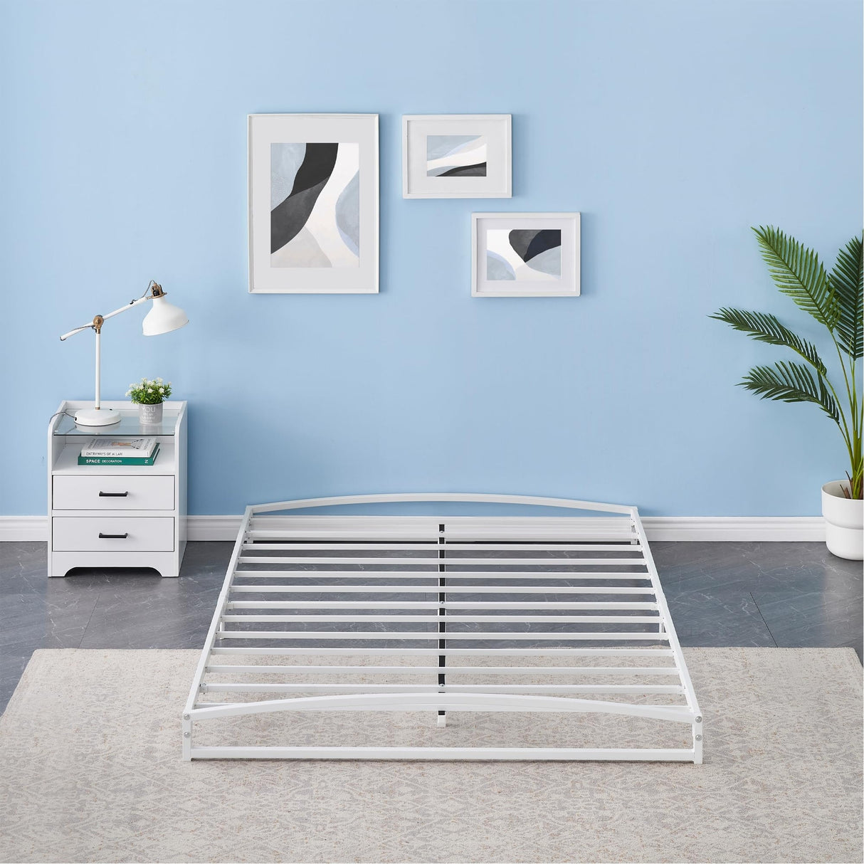 White 6 Inch Metal Platform Low Profile Bed Frame