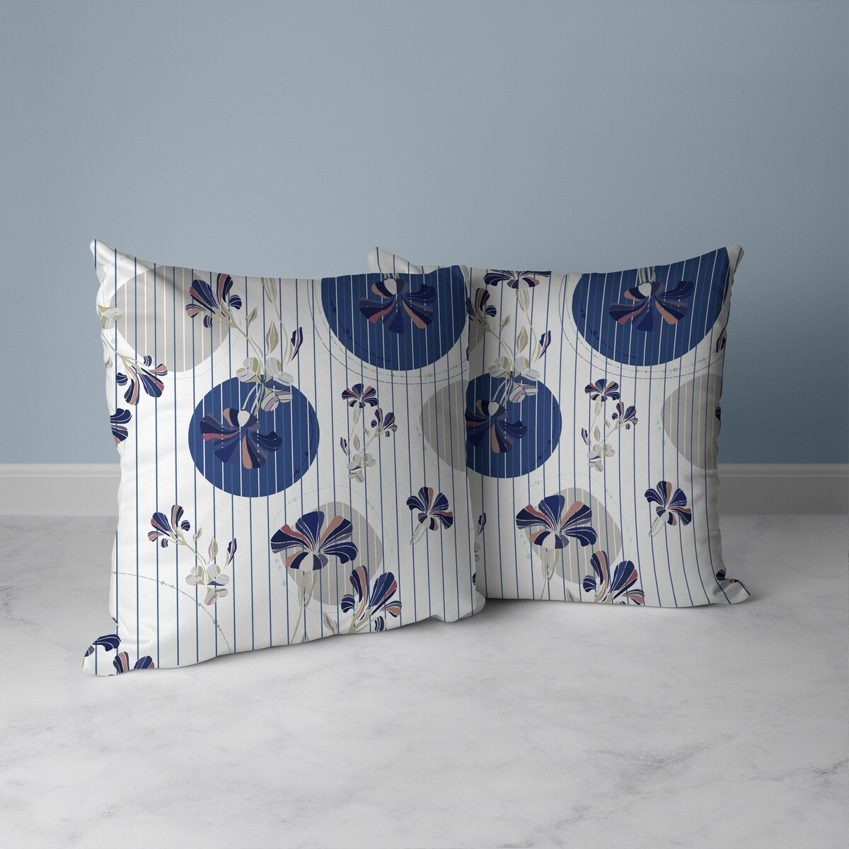 White And Blue Circular Garden Faux Suede Throw Pillow Zipper