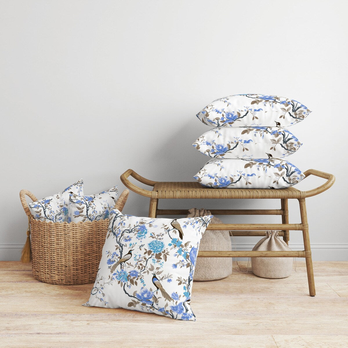 White And Blue Flight of the Forest Indoor/Outdoor Throw Pillow