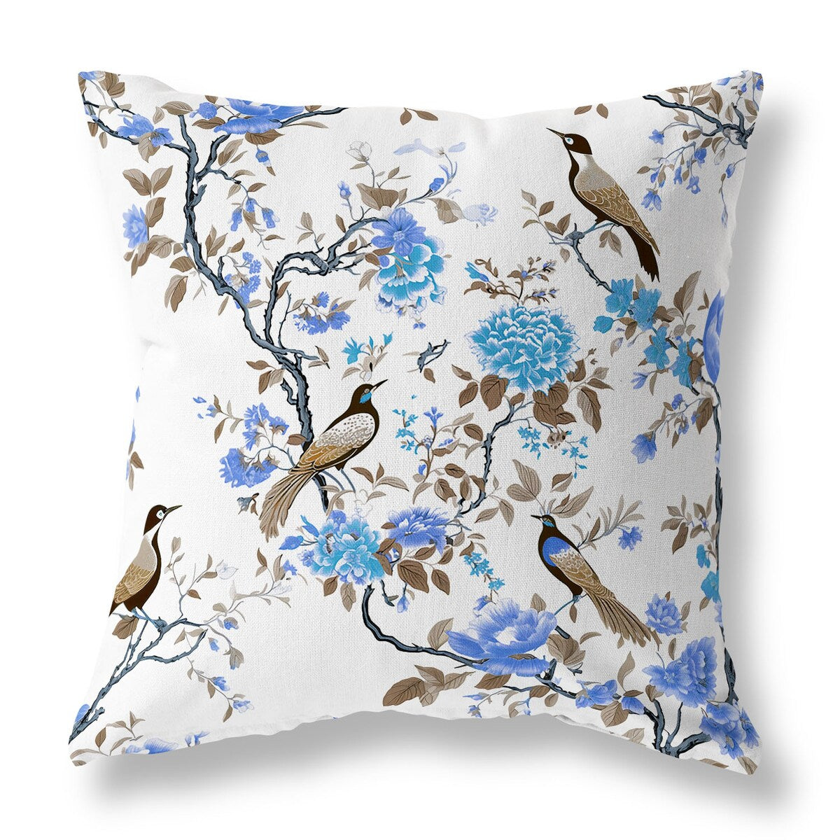White And Blue Flight of the Forest Indoor/Outdoor Throw Pillow