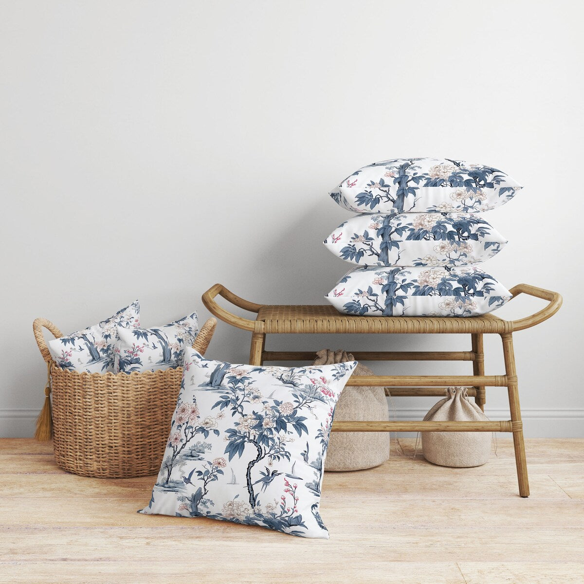White And Blue Open Air Orchid Faux Suede Throw Pillow Zipper