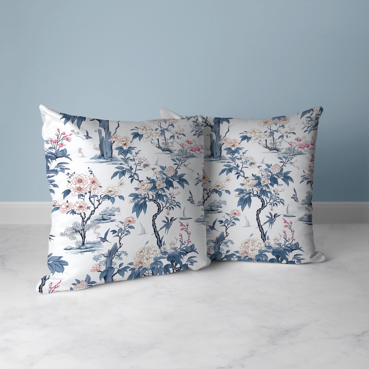White And Blue Open Air Orchid Faux Suede Throw Pillow Zipper