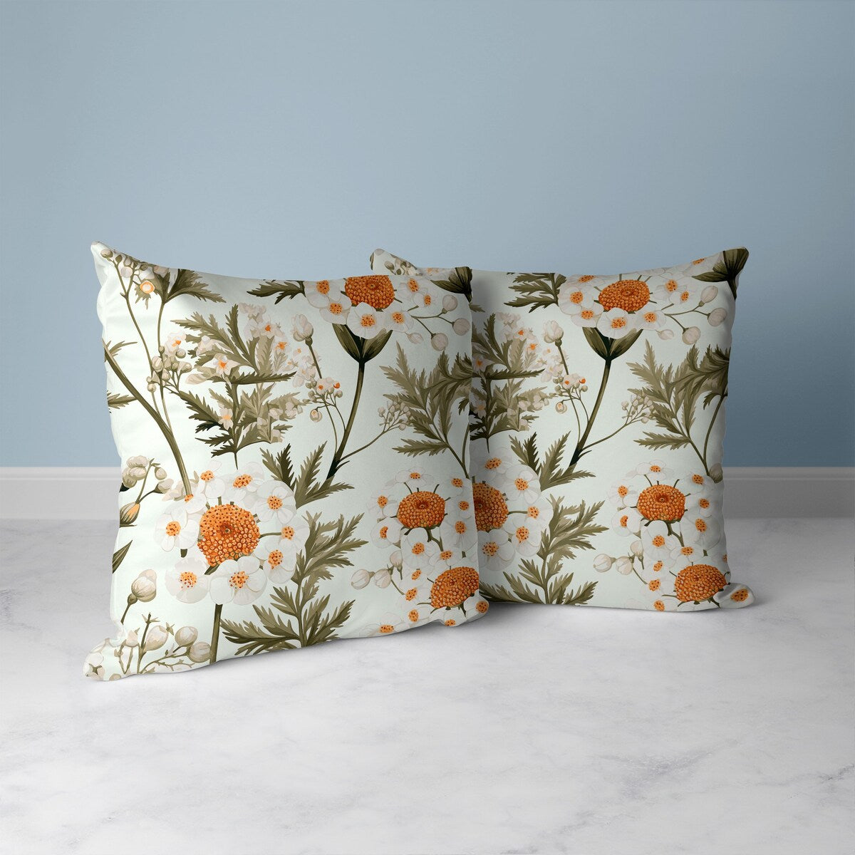 White And Olive Millefolium Harmony Indoor/Outdoor Throw Pillow