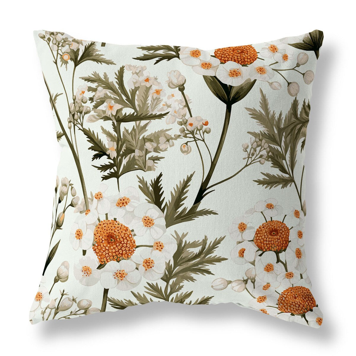 White And Olive Millefolium Harmony Indoor/Outdoor Throw Pillow
