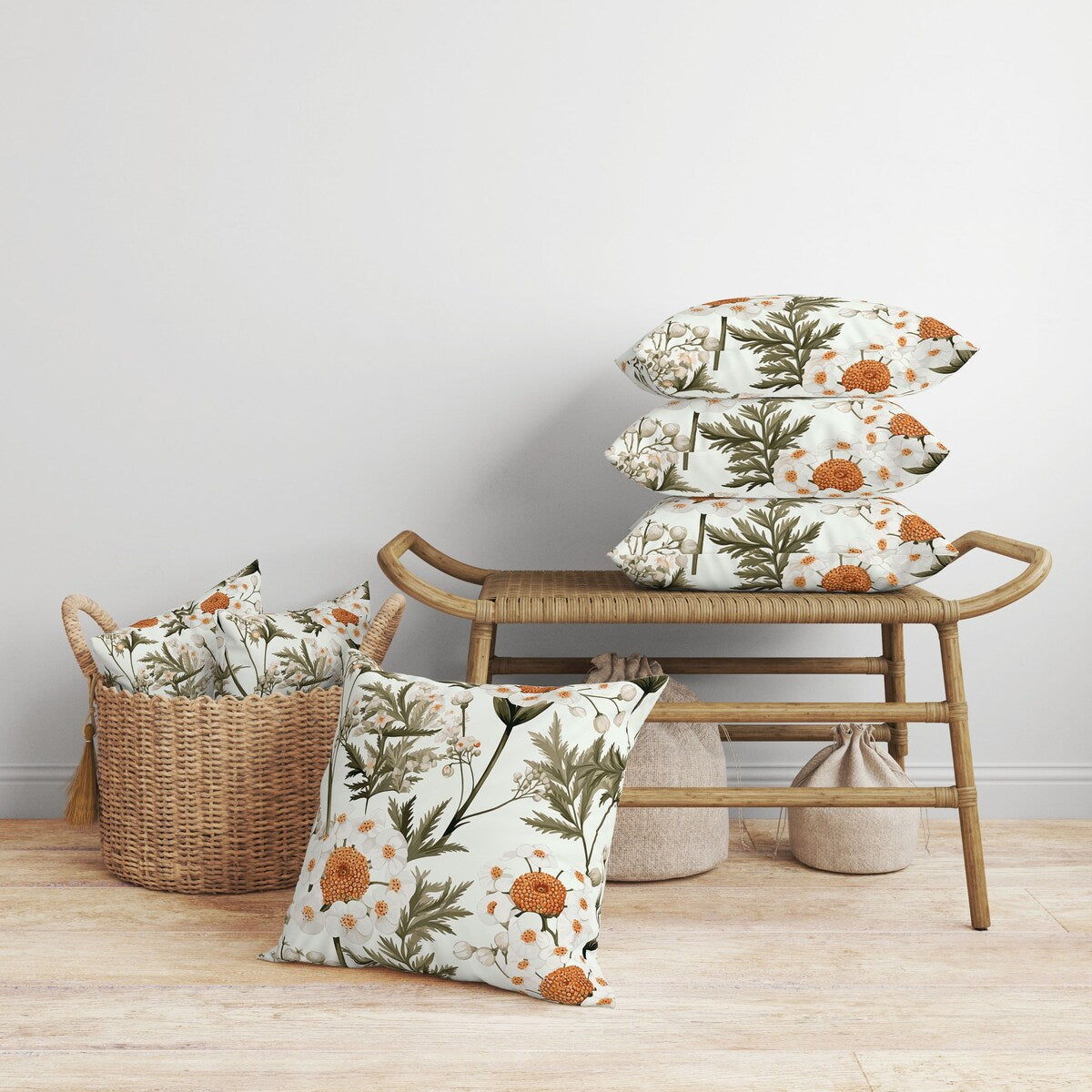 White And Olive Millefolium Harmony Indoor/Outdoor Throw Pillow