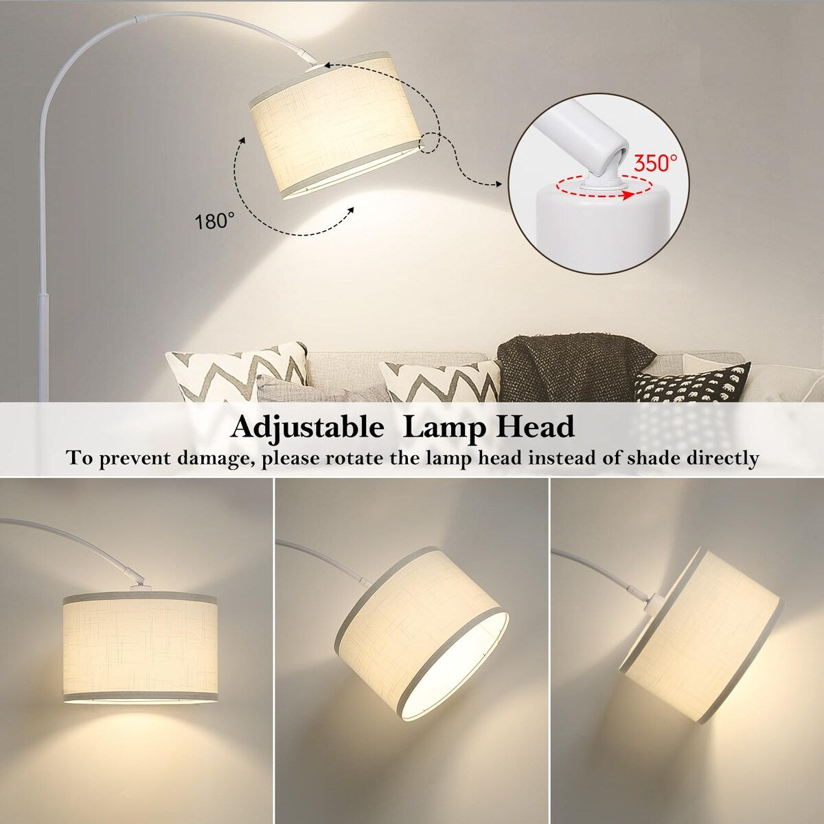 White Arc Floor Lamp, Modern Floor Lamp with Adjustable Lamp Head, Tall Pole Standing Lamp with On/Off Pedal Switch