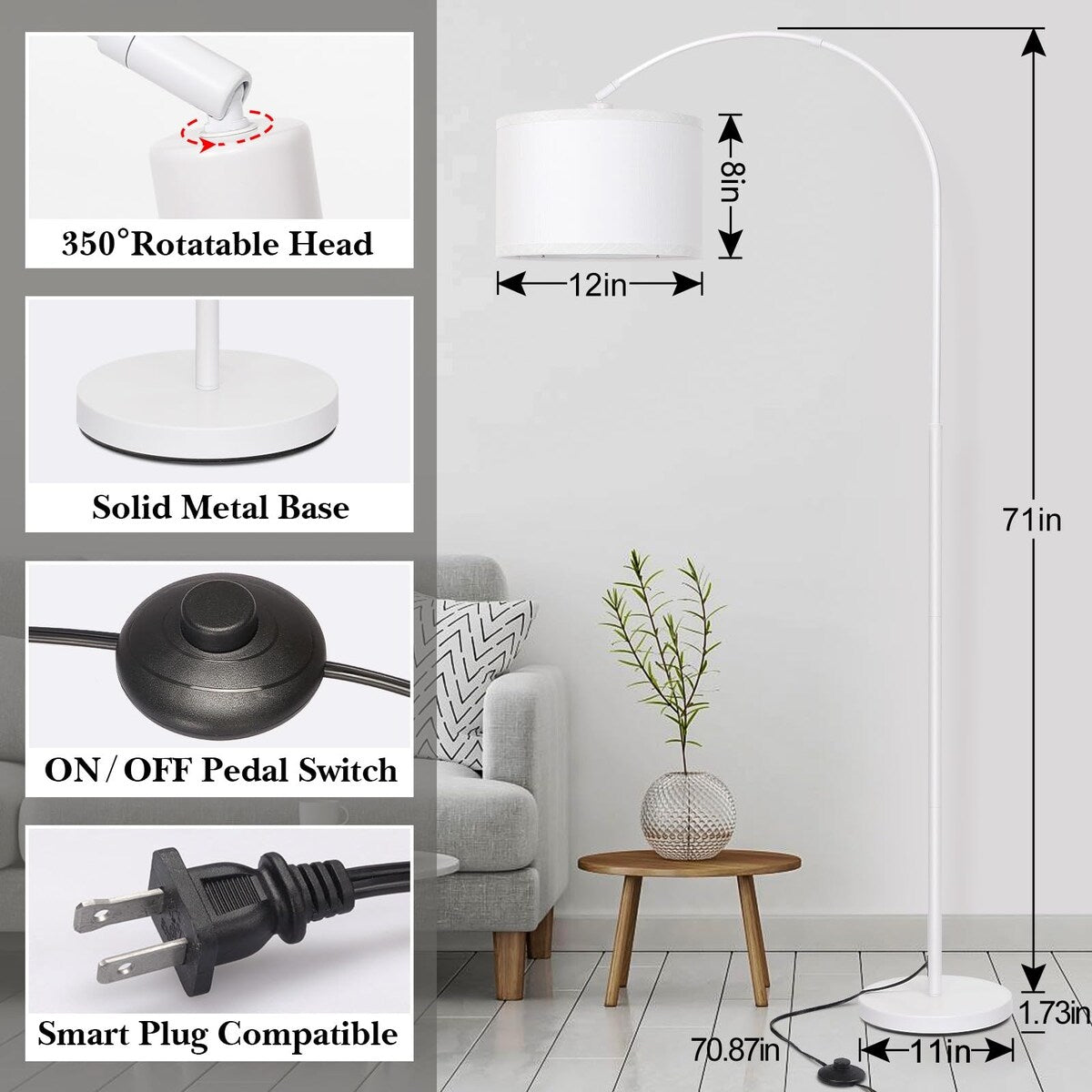 White Arc Floor Lamp, Modern Floor Lamp with Adjustable Lamp Head, Tall Pole Standing Lamp with On/Off Pedal Switch