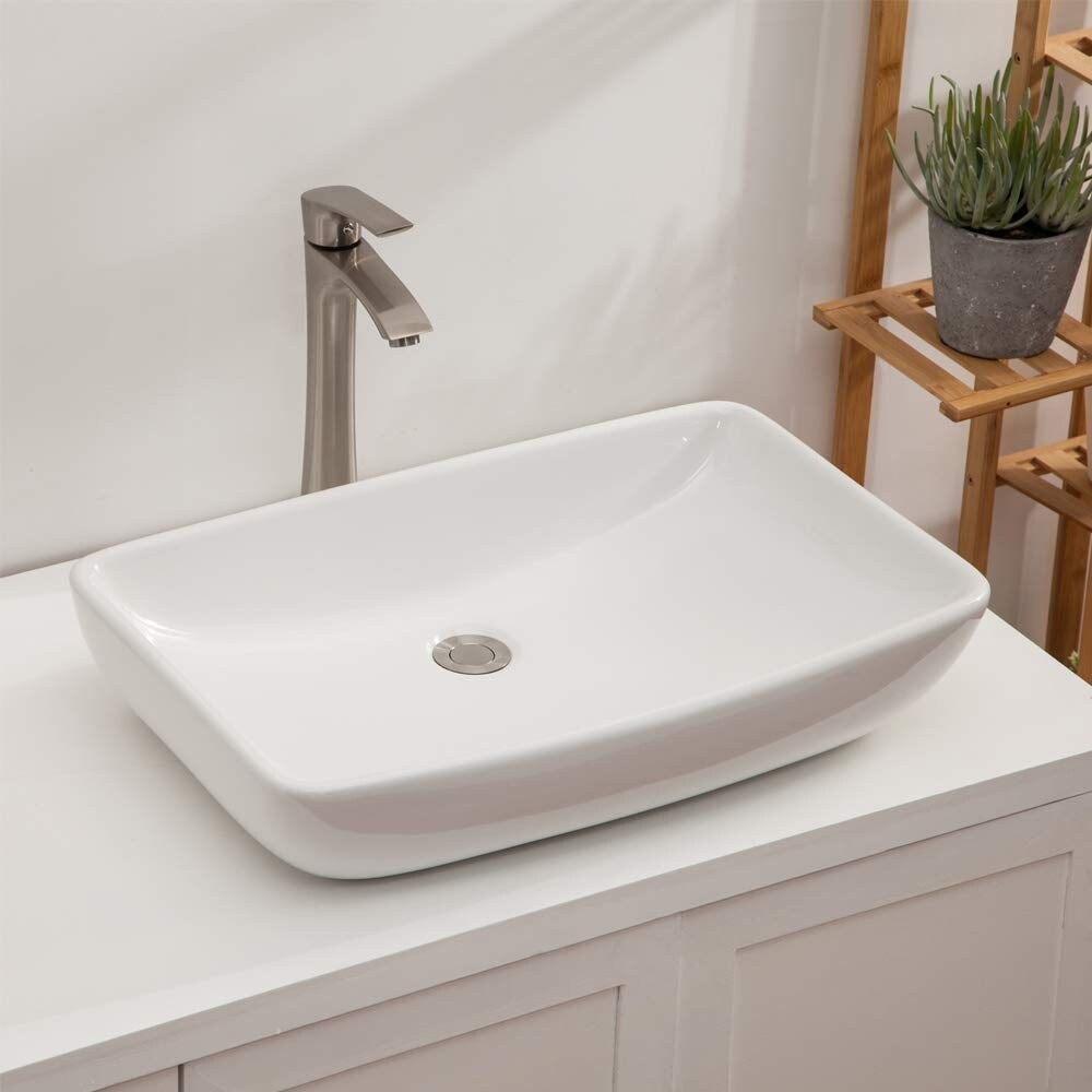 Modern White Porcelain Ceramic Rectangle Above Vessel Bathroom Sink - 24" x 15" x 5"