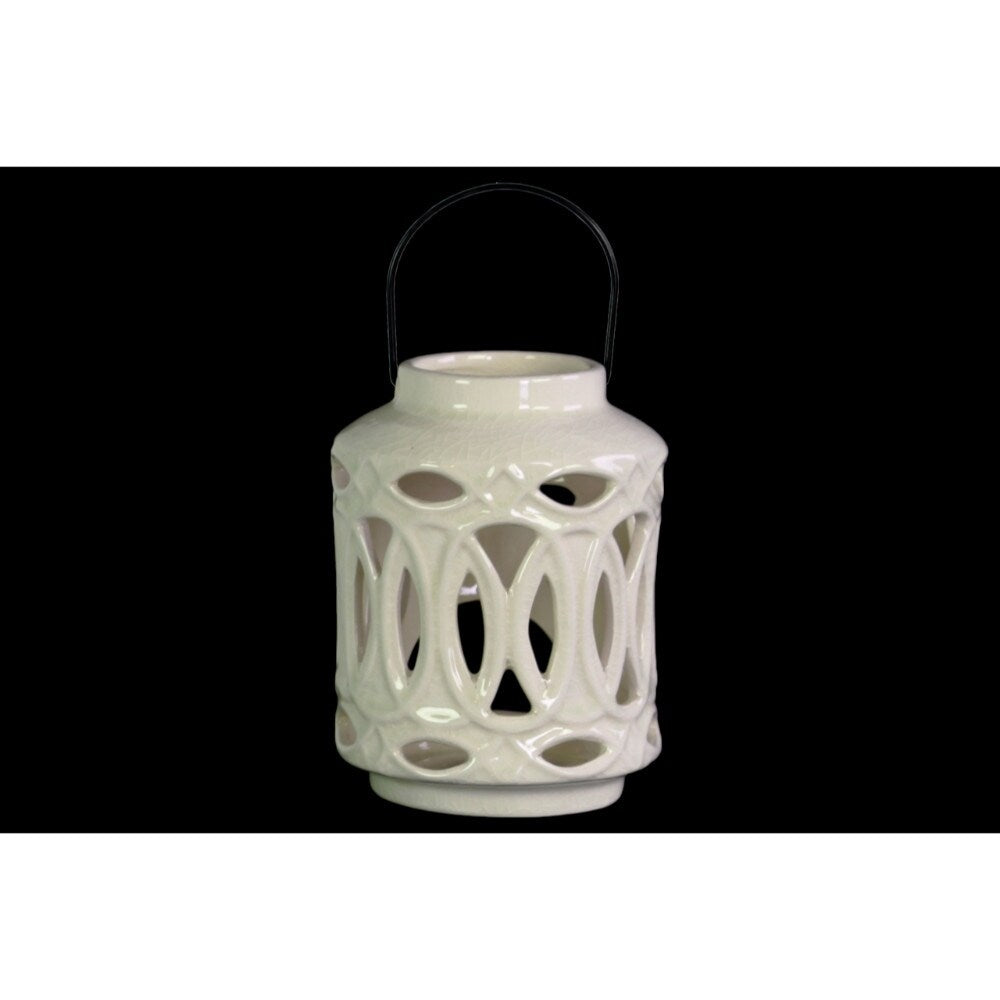 White Cylindrical Lantern - Metal Handle And Looping Cutout Design