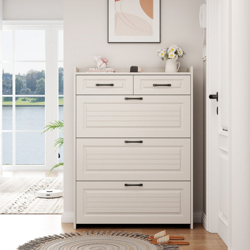 White Drawer Shoe Cabinet, Freestanding Shoe Rack Storage Box with Flip Door, Modern Flip Bucket Shoe Cabinet