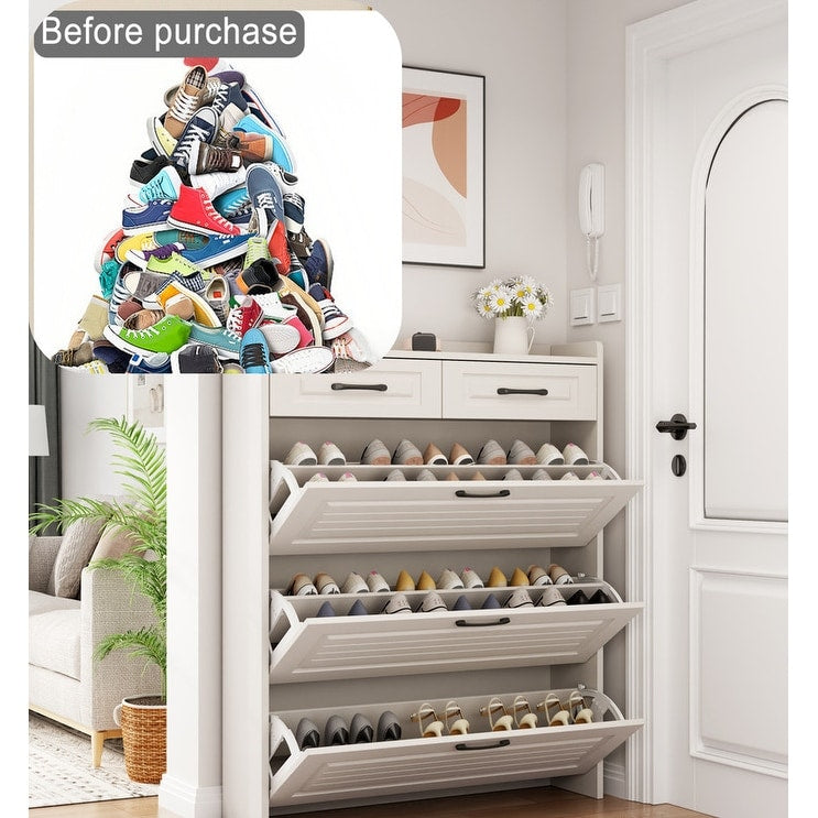 White Drawer Shoe Cabinet, Freestanding Shoe Rack Storage Box with Flip Door, Modern Flip Bucket Shoe Cabinet