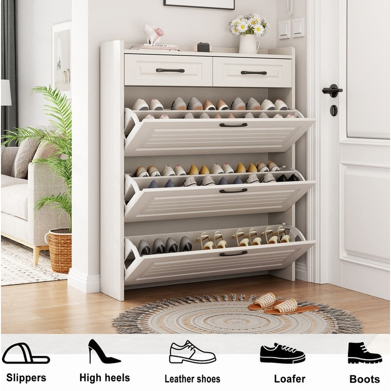 White Drawer Shoe Cabinet, Freestanding Shoe Rack Storage Box with Flip Door, Modern Flip Bucket Shoe Cabinet