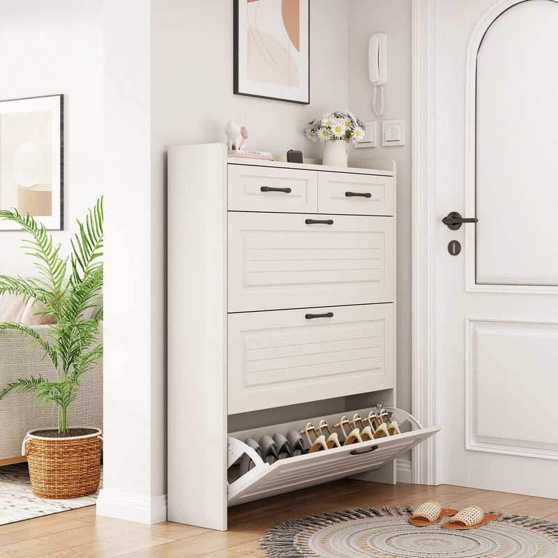 White Drawer Shoe Cabinet, Freestanding Shoe Rack Storage Box with Flip Door, Modern Flip Bucket Shoe Cabinet