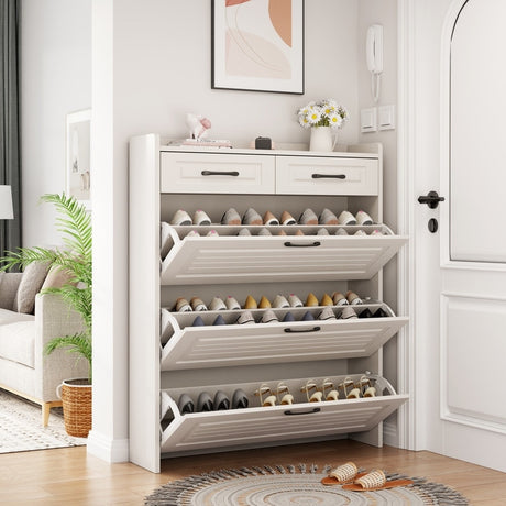 White Drawer Shoe Cabinet, Freestanding Shoe Rack Storage Box with Flip Door, Modern Flip Bucket Shoe Cabinet