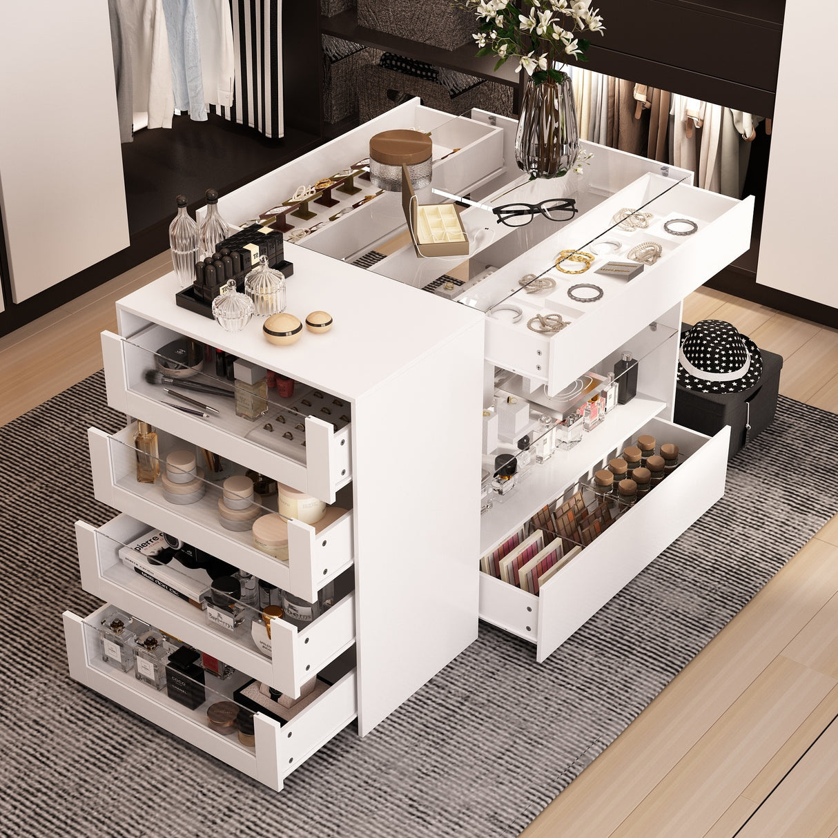 White Dresser Island Modern Bedroom Storage w/Tempered Glass Detailing