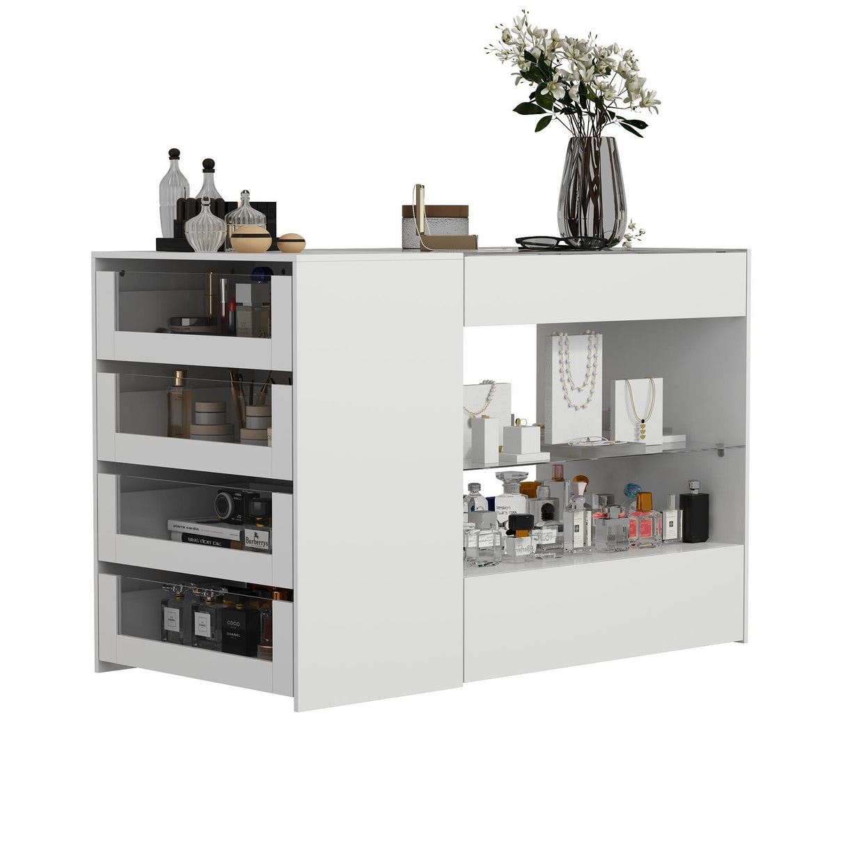 White Dresser Island Modern Bedroom Storage w/Tempered Glass Detailing